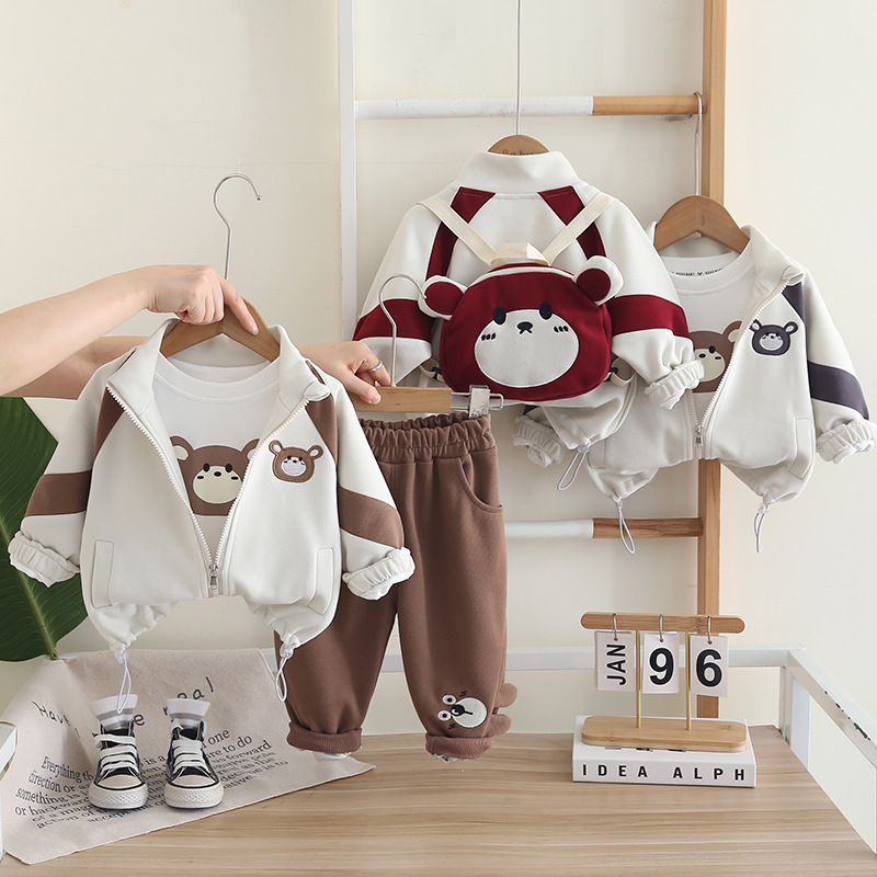儿童卡通拼色三件套秋装2025新款男童背包春季套装小童宝宝衣服潮