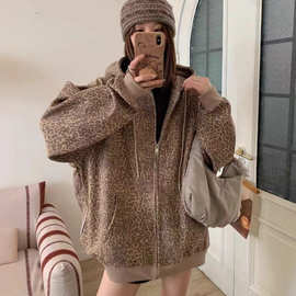 复古豹纹连帽加绒卫衣外套女秋冬设计感拉链开衫宽松大码慵懒上衣