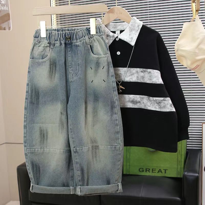 洋气帅气潮新款春秋牛仔裤两件套男童套装长袖卫衣2025款童装儿童