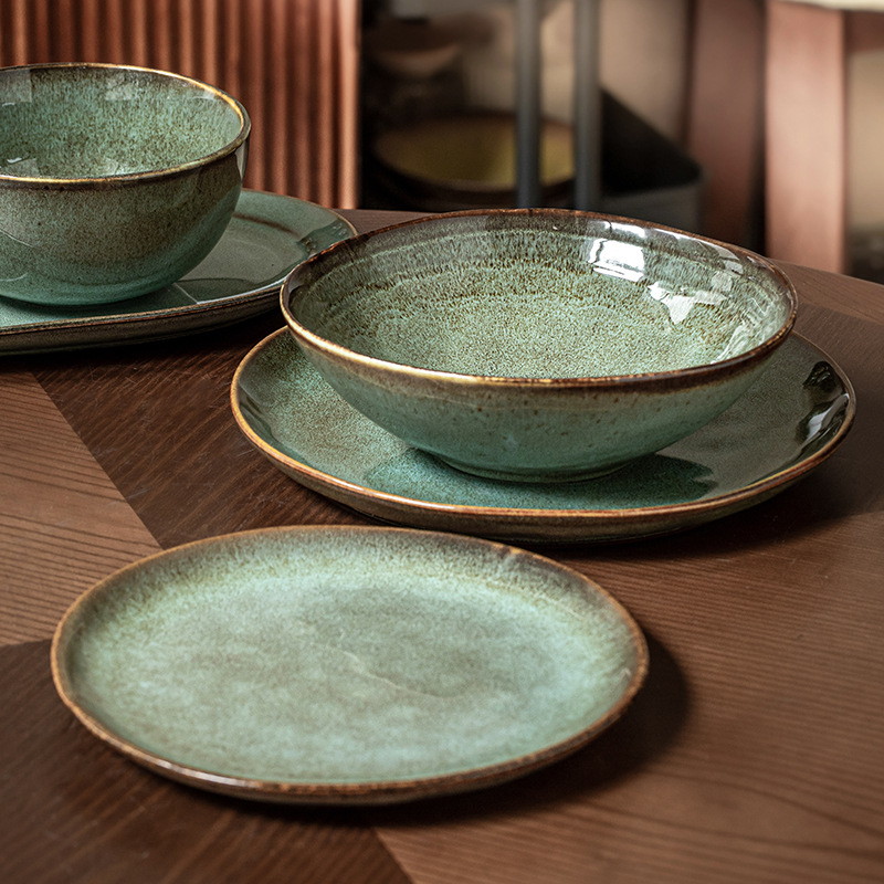 Poppy Green Personalidad de la serie de platos de cerámica irregulares características de platos de platos retro Hotpot tienda de cubiertos exportación transfronteriza