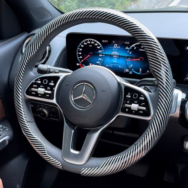 国境を越えた車のステアリングホイールカバー、カーボンファイバーレーザーカーボンファイバーラウンドハンドルバーカバー、オールシーズンユニバーサル車の滑り止めカードカバー|undefined