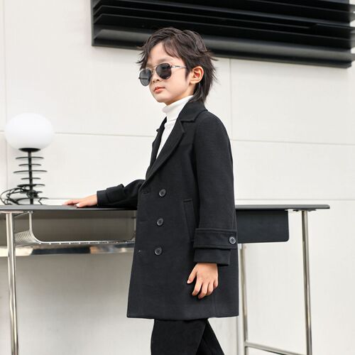 Double-breasted winter coat for boys, stylish plush woolen overcoat, thick children's reversible collar, mid-length woolen jacket