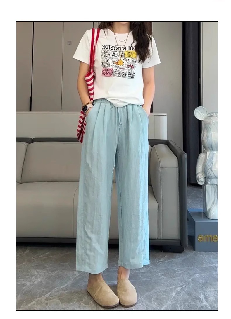 Quần culottes nữ ống rộng vải lyocell linen mùa hè dáng suông ống đứng — Xanh da trời chín phân chi tiết 10
