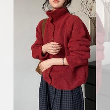 复古新年红色半高领毛衣外套开衫女秋春夏软糯慵懒风针织衫上衣