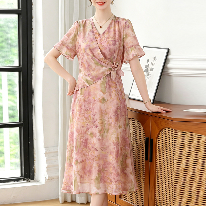 High-End Summer Dress for Moms, Short-Sleeved Printed Dress, Young Mom Outfit, Middle-Aged Women's Clothing, Age-Reducing and Figure-Flattering Dress