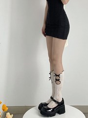 White Chinese-style cute sweet-cool double-layered hollowed-out lace-trimmed flocking bow fishnet socks, ankle socks, and calf-length socks