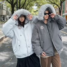 外贸连帽毛领男女情侣棉服女冬加厚保暖复古短款男工装棉衣外套潮