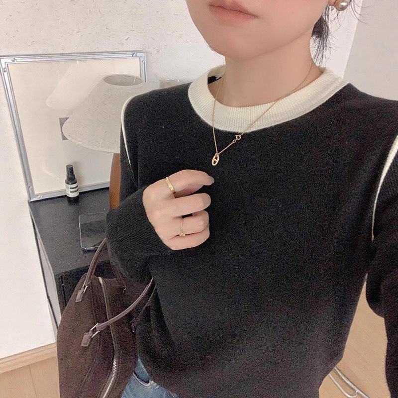 高级感拼色圆领针织打底衫女早秋季修身套头软糯毛衣内搭长袖上衣|undefined