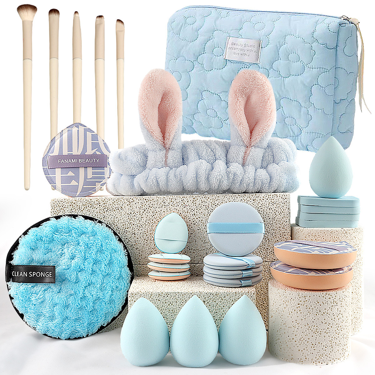 23 juegos de herramientas de belleza, combinación grande con bolsa de cosméticos, banda para el cabello con borla de polvo, antes y después del maquillaje, cubierta de viaje íntima