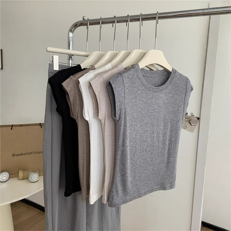 Cross-Border Wholesale Solid Color Regular Shoulder Sleeveless T-Shirt for Women, Summer New Slim Fit, Slimming Small Flutter Sleeve Base Shirt Top Trendy Cross-Border Wholesale Solid Color Regular Shoulder Sleeveless T-Shirt for Women, Summer New Slim Fit, Slimming Small Flutter Sleeve Base Shirt Top Trendy