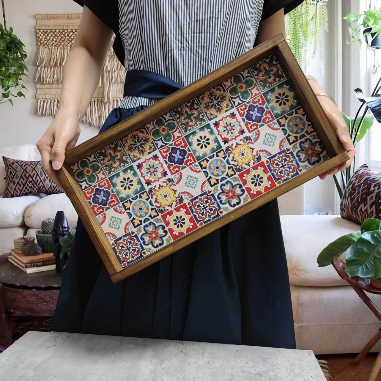 Bohemia Mediterráneo europeo retro madera maciza bandeja de té bandeja de madera caja decorativa de almacenamiento café zen exquisito