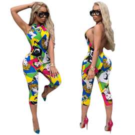 M743 2018夏季新款个性名模图像亚马逊独立站爆款挂脖露背连体裤