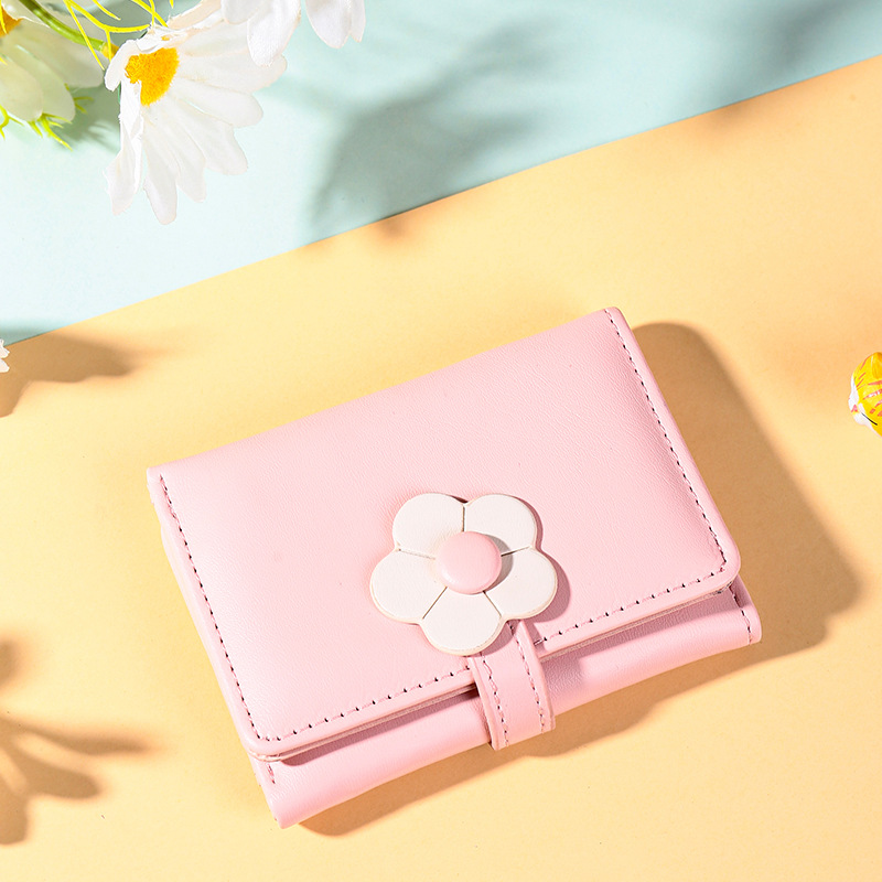 Nuevo estilo coreano de moda simple corto tres plegado billetera de mujer ins tendencia multi-tarjeta adorable pequeña flor pu cartera