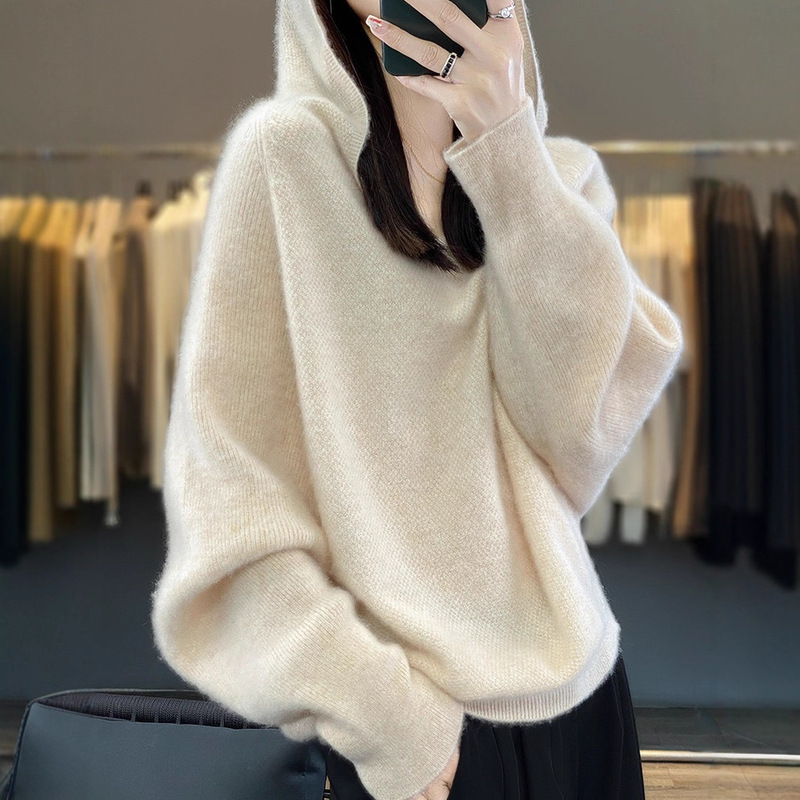 Lazy Style Knitwear Women's Raglan Sleeve Hooded Bat Shirt Knitwear Fashionable Casual Loose Knitted Hoodie Top Trendy