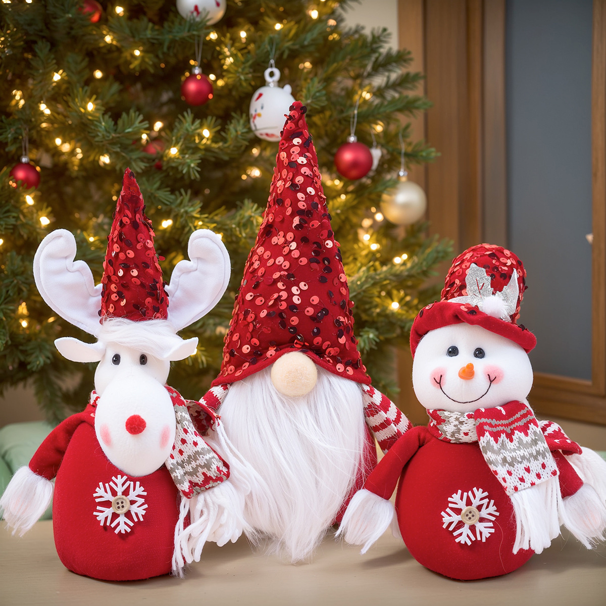 圣诞公仔摆件亮片红色侏儒老人雪人麋鹿公仔圣诞家居装饰品