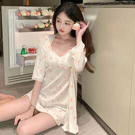 2025新款性感睡衣女冰丝带胸垫薄款爱心图案吊带睡裙两件套家居服