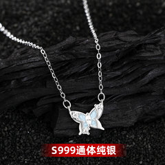 S999纯银星光蝴蝶项链女小清新可爱百搭锁骨链森系冷淡风足银颈链