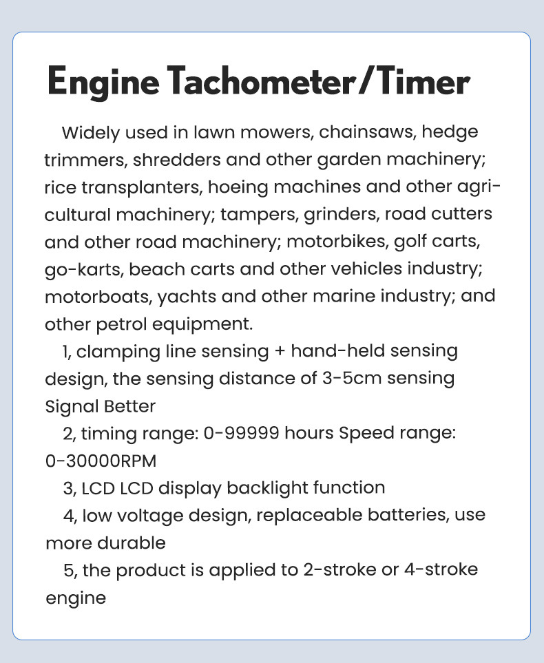 Inductive Digital Tachometer for 2/4-Stroke Engines, Universal for Lawn Mowers and Chainsaws, with an Accumulative Timer