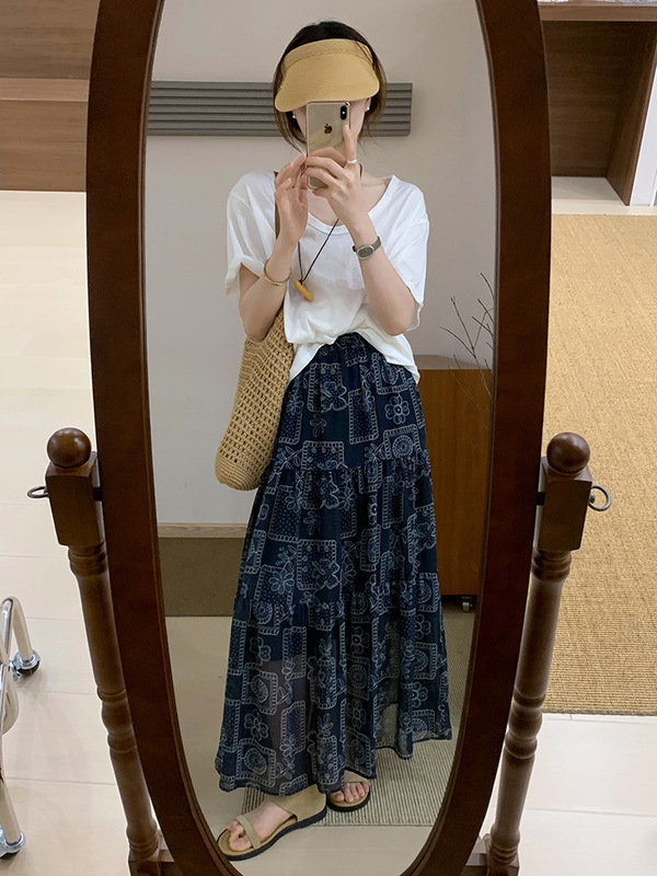 复古浪漫氛围感印花半身裙女2025夏季中长款气质垂感百搭a字长裙|undefined
