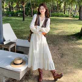 早秋法式气质套装宽松女装连衣裙2024盐系轻熟风皮马甲长裙两件套