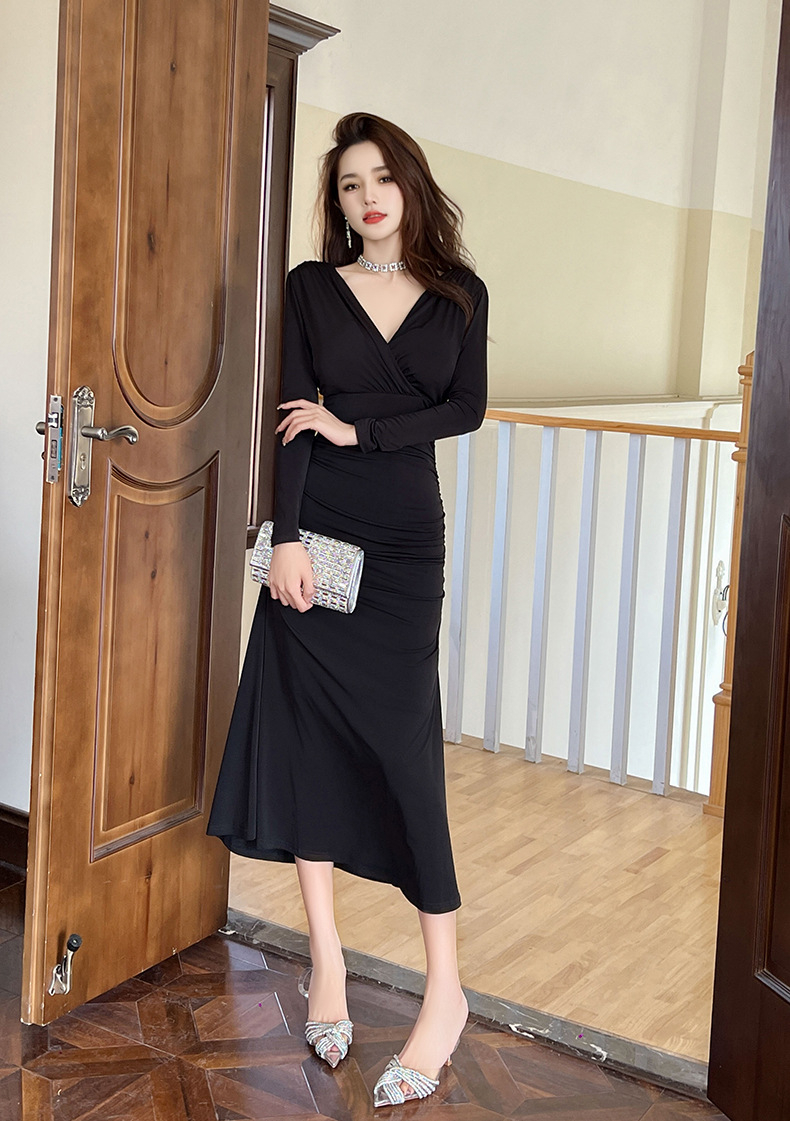 Đầm maxi nữ cổ chữ V thắt eo hở lưng phong cách Pháp — Màu đen chi tiết 13