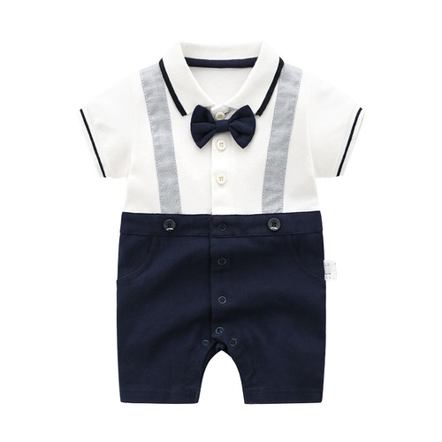 Children's New 2024 Summer Baby Clothes 0-1 Year Old Baby Gentleman Bow Tie Short Sleeve Cotton Onesie Romper