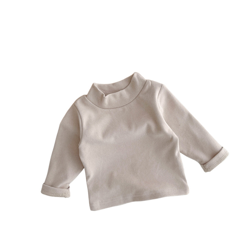 Camisa de fondo de terciopelo de color sólido para niños suave medio cuello alto primavera y otoño bebé básico niñas estiramiento casual top a juego