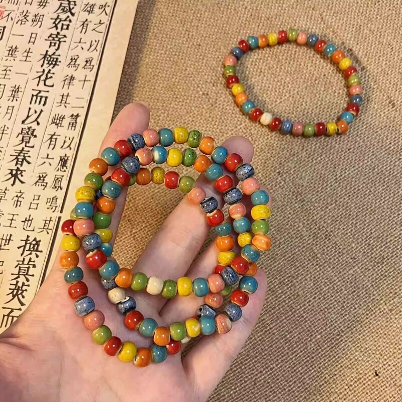 Dopamine Color Ceramic Beaded Handset Female Niche Design Bohemian Handset Elegant Elastic Stacked Handset