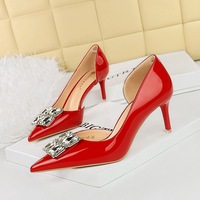 638-AK58 Korean Banquet Women's Shoes Thin Heel High Heel Shallow Mouth Pointed Lacquer Leather Side Hollow Square Water Diamond Buckle Single Shoes