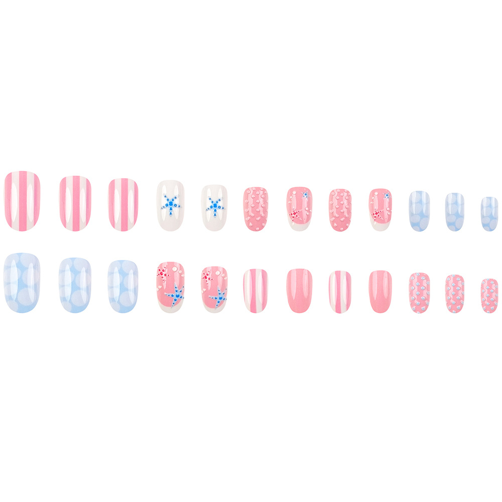 Verano estereoscópico estrellas de mar francesas 24 piezas rosa azul ondulado punto rayas manicure comercio exterior parches de uñas al por mayor