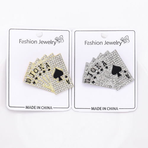 European and American creative new popular jewelry alloy diamond-encrusted hip-hop playing cards flush brooch men's and women's suit collar pins