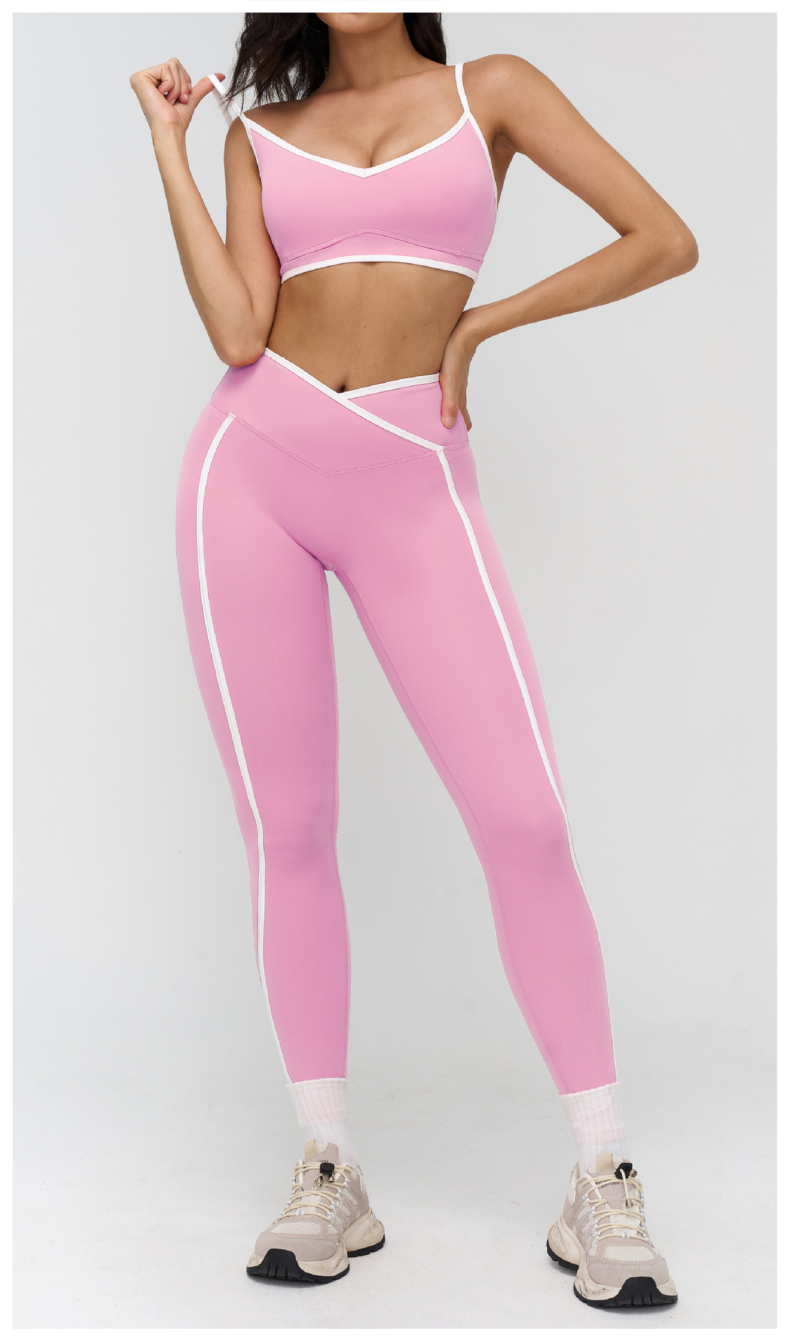 Nude Color Block Yoga Set For Women Tight Fitting Casual Sportswear Outdoor Running Fitness Clothes 9528_ecoleips.com