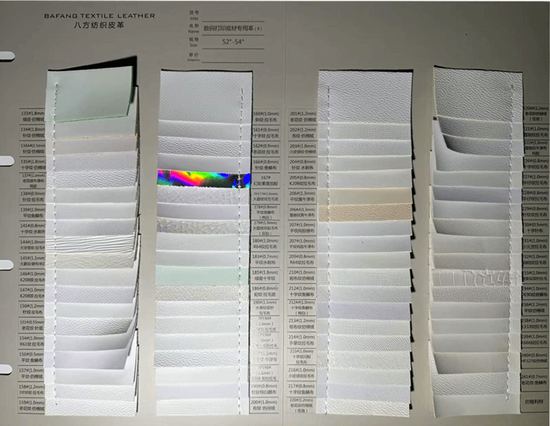 PVC artificial leather, napa/lychee texture, white digital-printing substrate, 52–54" width