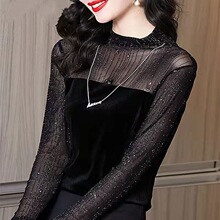 灿灿拼接蕾丝2.0上衣女秋冬新款亮丝气质修身显瘦洋气小立领打底