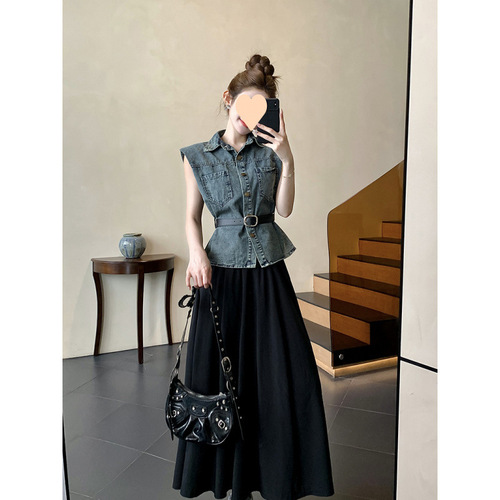 Women's Petite Summer Outfit: Two-Piece Flowy Sheath Dress Set with No-Sleeve Chanel-Inspired Denim Suit, Exuding High-End Elegance