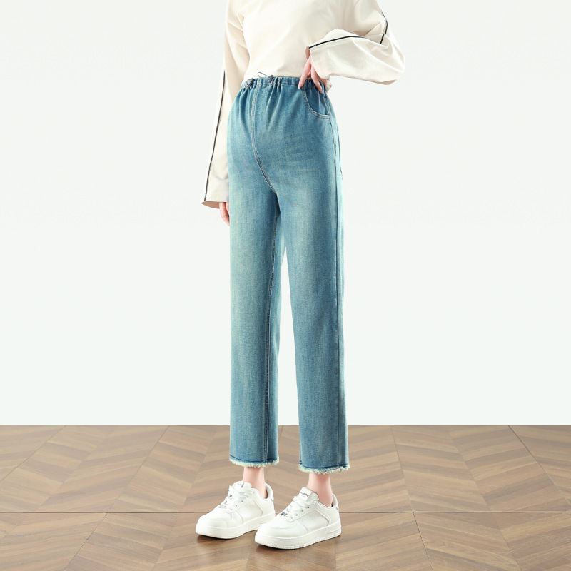 Pregnant Women's Denim Straight Drawstring Straight Pants Spring and Autumn Outer Wear Abdomen-free Loose plus size Pants for Small Women Pregnant Women's Denim Straight Drawstring Straight Pants Spring and Autumn Outer Wear Abdomen-free Loose plus size Pants for Small Women