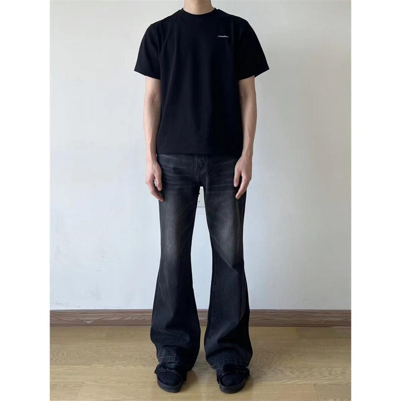 Men's Retro Washed Black Jeans Slim Fit Straight Leg Slightly Flared Long Pants Whiskered American High Street Vibe Style_mkmklike.com