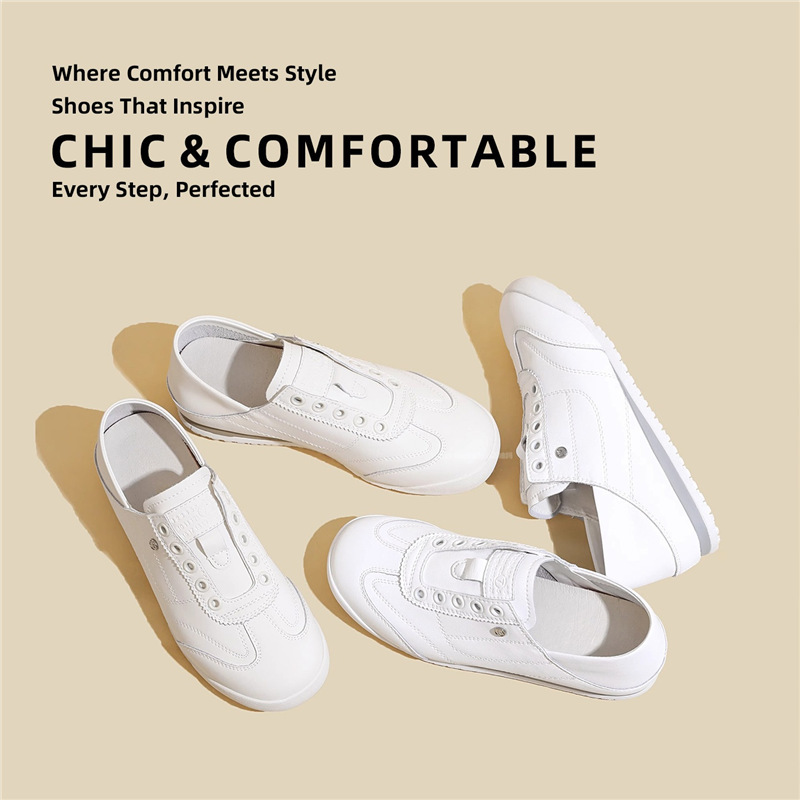 Genuine Leather Dual-Wear Casual White Shoes for Women, 2025 Summer New Style Slip-On German Training Shoes, Versatile Soft-Soled Sneakers