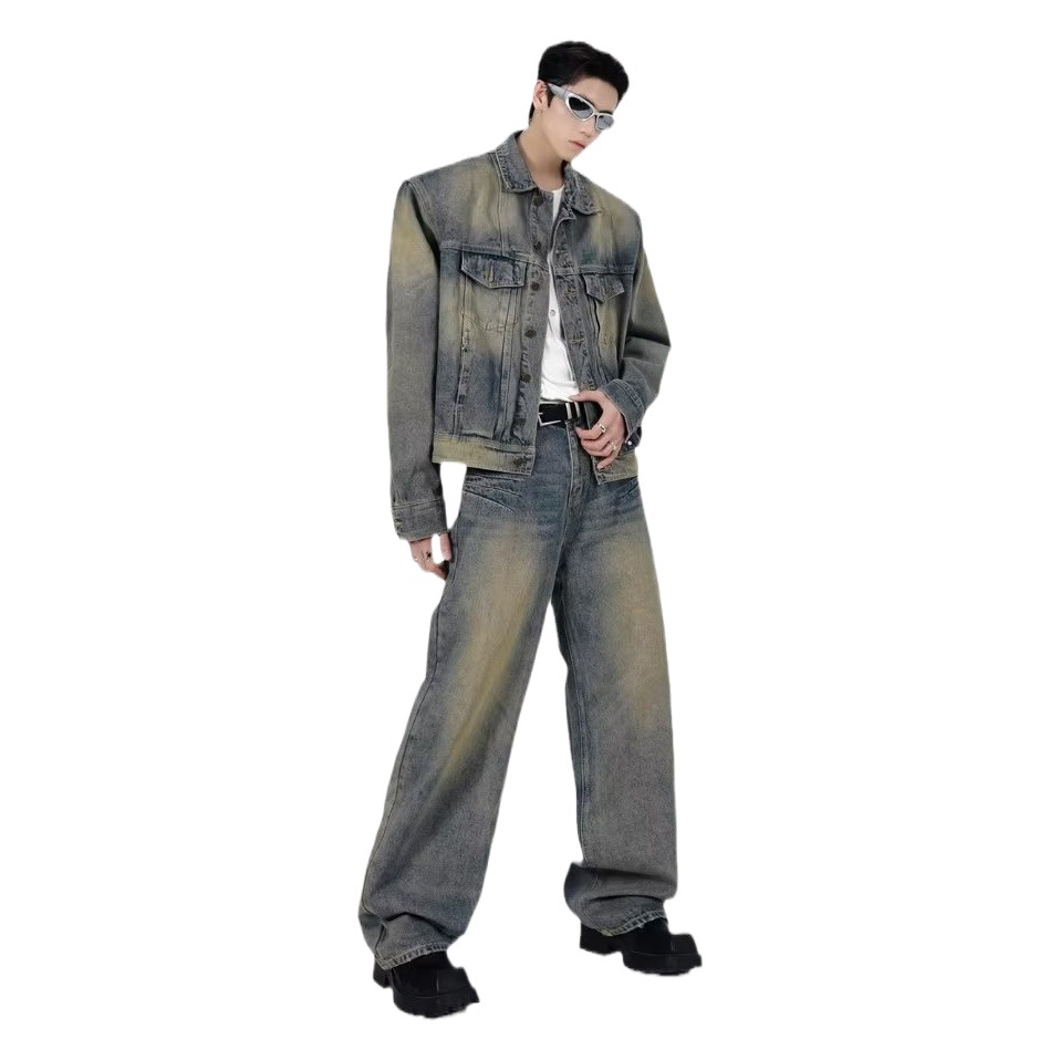 Americano retro nicho retro apenado lavado suelto abrigo Denim de alta calidad traje de Chaqueta corta conjunto completo de los hombres