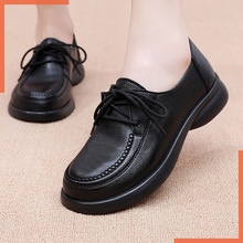 黑色工作鞋系带款耐磨舒适中老年妈妈单鞋平底软底厂家直供可代发