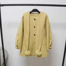 欧洲站冬季可拆卸连帽双面羊毛大衣外套女毛绒球中长款毛呢外套