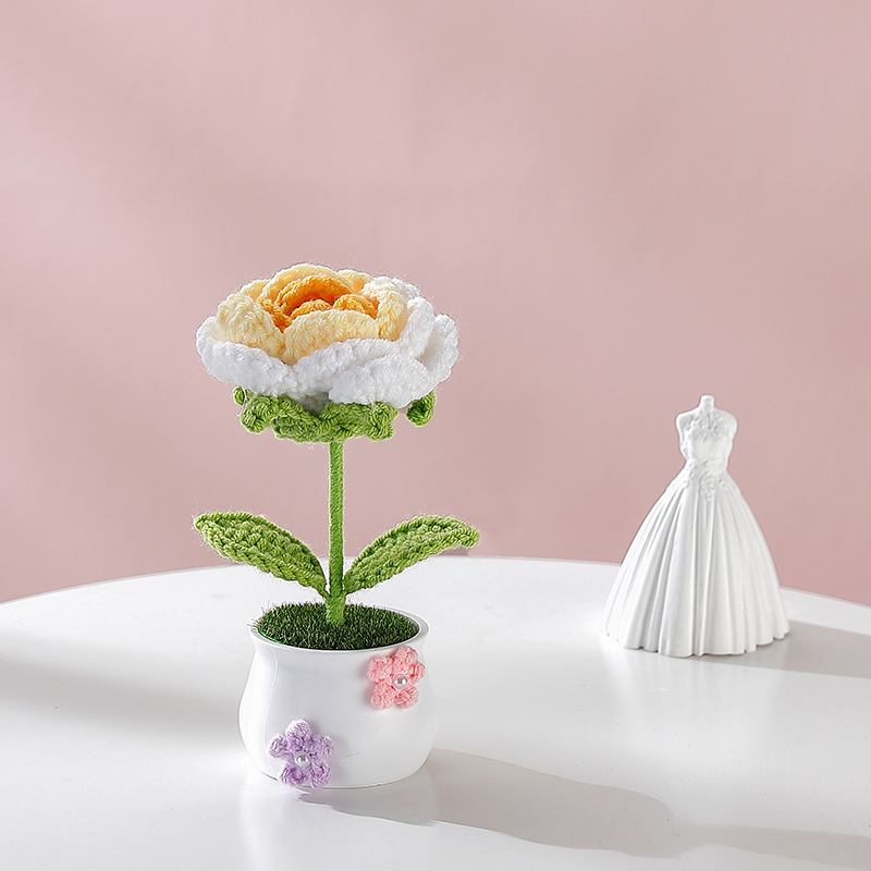 Terminado pequeña olla tejida a mano girasol lirio escritorio coche pequeña decoración regalo de cumpleaños regalo de graduación