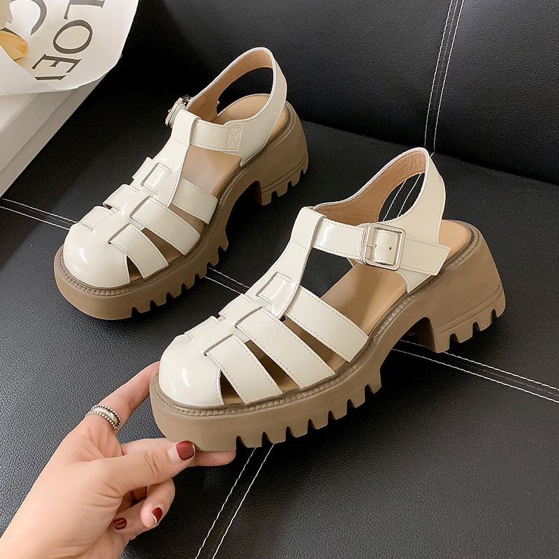 Genuine Leather Closed-Toe Roman Sandals 2026 Summer Thick High-Heeled Retro Hollow Woven Pig Cage Shoes New Summer Women's Shoes