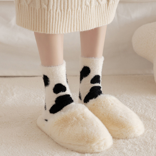 Soft plush kids' autumn and winter mink fur thick warm fluffy sleep socks home cute cartoon postpartum socks