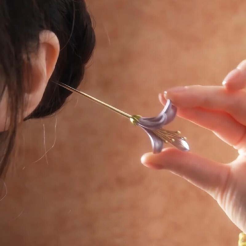 新中式粉色兰花发簪古风简约气质温柔后脑勺丸子头盘发绝美发饰|undefined