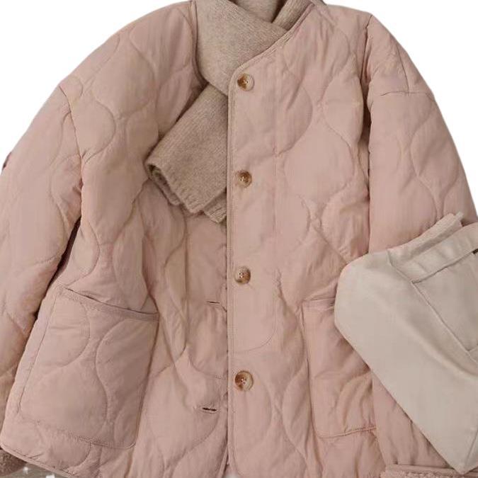 2025 핑크 RHOMBUS FAUX CASHMERE COTTON-PADDED JACKET 여성용 한국식 두꺼운 라운드 넥 코트 코튼 패딩 코트 컬러 블랙