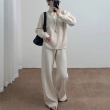 2025秋冬跨境双拉链针织套装女宽松慵懒风立领开衫＋阔腿裤两件套