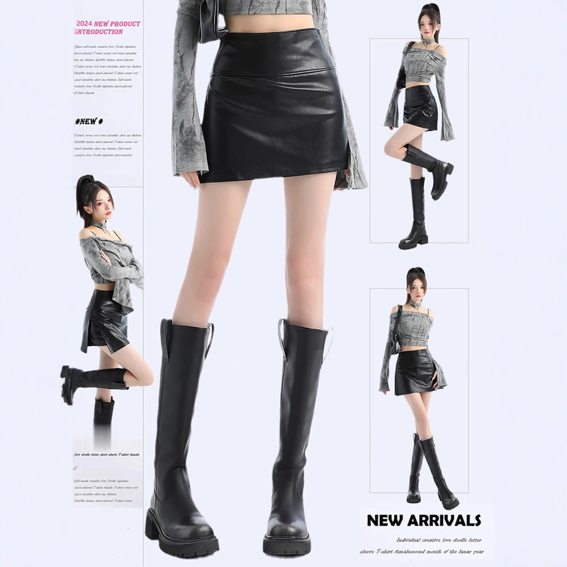 黒いオープンフォークの小さい皮のスカートのスカートの女性の春夏2025新型のpu皮の短いスカートの腰の包みの尻のスカートのズボン|undefined
