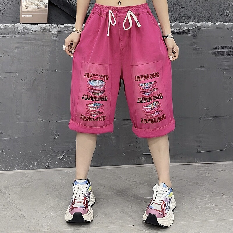 Summer New Ripped Letter-Print Elastic Waist Mid-Length Wide-Leg Slimming Loose-Fitting Cropped Jeans for Women