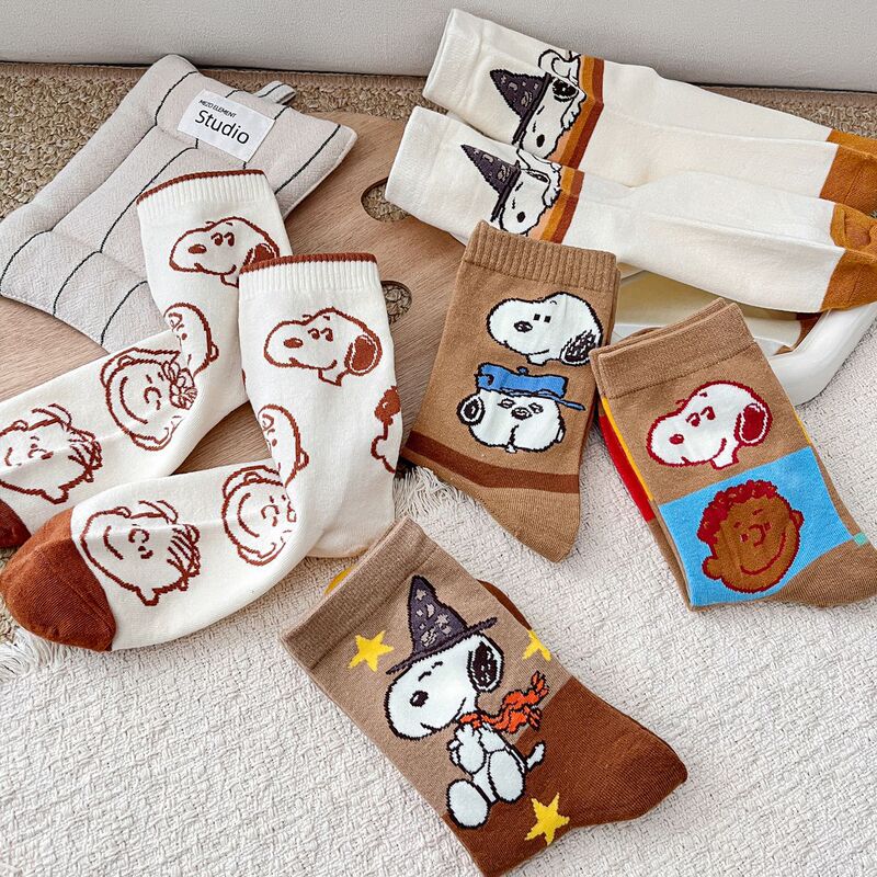 Cute Japanese-Style Mid-Calf Socks for Women, Cartoon Cute Dog Creative Socks, Combed Cotton Coffee-Colored Versatile High-Top Socks